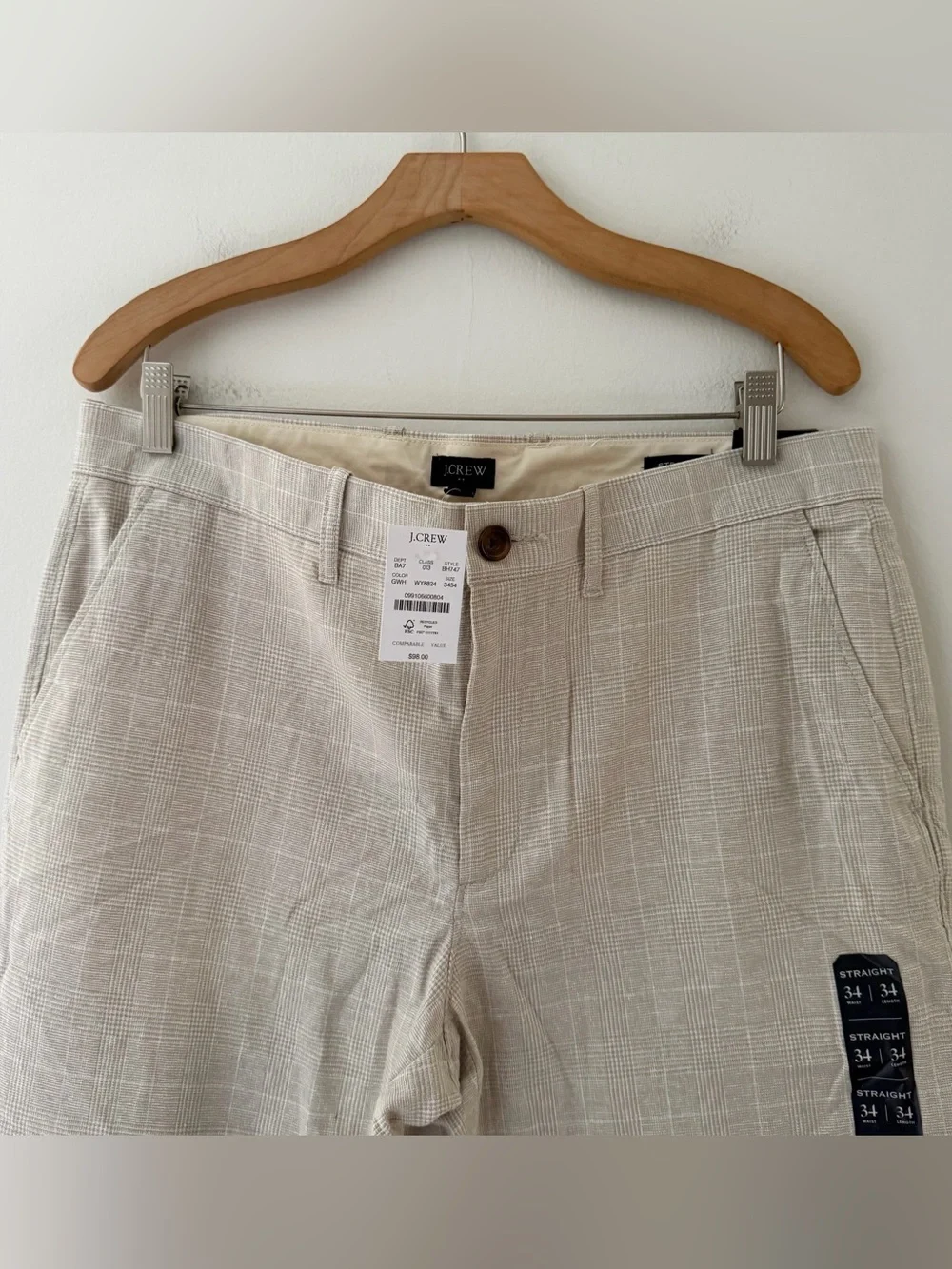 J Crew NWT Linen Blend Pants Tan Cream Straight Leg Glen Plaid Size 34 X 34